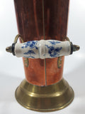 Vintage Lions Head Copper and Brass 7 1/2" Tall Ash Scuttle Bucket with Delft Blue Porcelain Hand Painted Handle