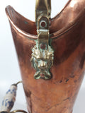 Vintage Lions Head Copper and Brass 7 1/2" Tall Ash Scuttle Bucket with Delft Blue Porcelain Hand Painted Handle