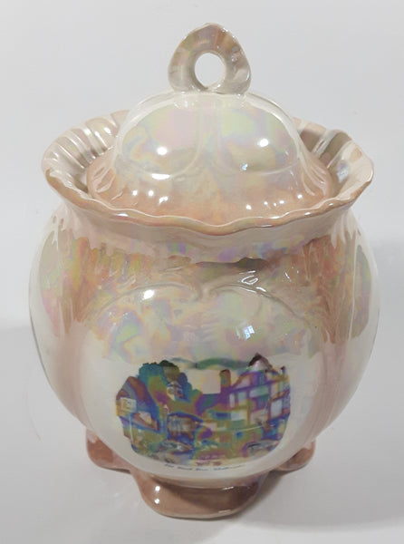 Rare Vintage Old Coach House York Woolhampton Bristol Stratford Iridescent White Peach 7 1/2" Tall Jar with Lid