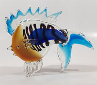 Blue Orange Black Clear Tropical Fish 7 1/4" Long Art Glass Sculpture Figurine