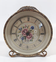 Antique Petit Point Embroidered Colorful Flower Bouquet Ornate Brass Filigree Gilt Wind Up Vanity Dressing Table Clock Made in GT. Britain
