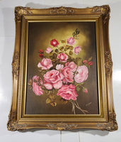 Vintage Original 1975 A. Froese Pink Rose Flower Bouquet Still Life Oil Painting 24" x 30" Gold Ornate Carved Wood Frame