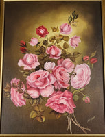 Vintage Original 1975 A. Froese Pink Rose Flower Bouquet Still Life Oil Painting 24" x 30" Gold Ornate Carved Wood Frame